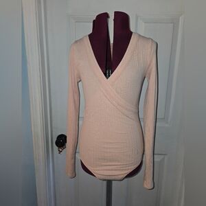 Aerie Baby Pink Small Stretchy Faux Wrap Ribbed Long Sleeve Bodysuit
